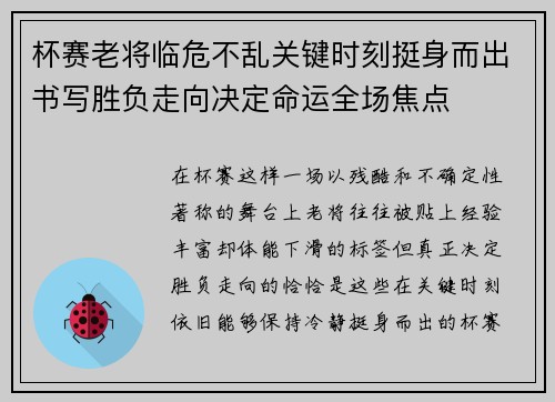 杯赛老将临危不乱关键时刻挺身而出书写胜负走向决定命运全场焦点 杯赛老将临危不乱关键时刻挺身而出书写胜负走向决定命运全场焦点